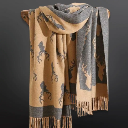 Grey Deer Hunting Stag Head Winter Scarf La Chasse - Fringe