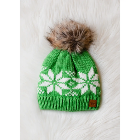 Bright Green & White Snowflake Pom Hat