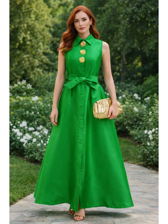 Emerald Mikado Belted A-Line Maxi Dress