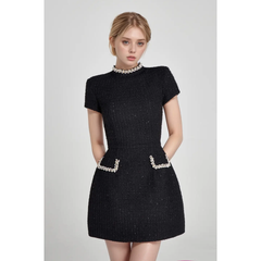 Black Tweed Beaded Mock-Neck Dress