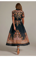 Baroque Print Belted Midi Dress | Black & Gold