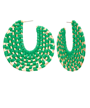 Kelly Green Woven Raffia Open Hoop Earrings