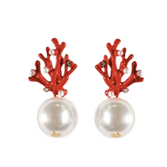 Pearl and Red Coral Mini Statement Earrings: