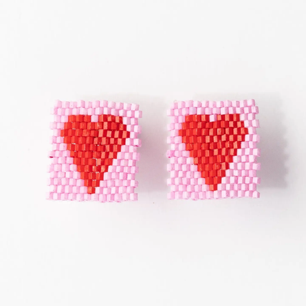 Kallie Heart Rectangle Post Beaded Earrings Pink Red