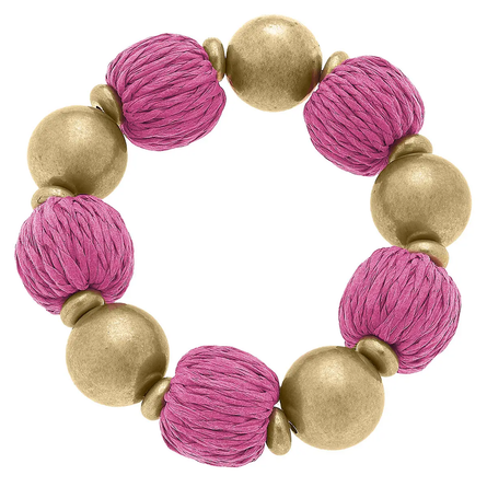 Pink Barbados Raffia and Ball Bead Stretch Bracelet