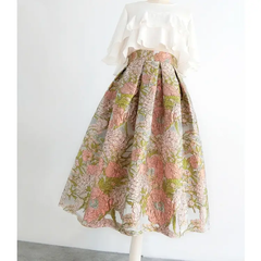 Pink Floral Embroidered High Waist Organza Skirt