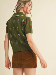 Hand Embroidered Short Sleeve Button Down Sweater Top in Olive Green