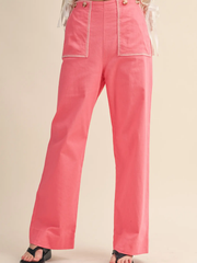 Pink Berry Contrast Stitch Wide Leg Pants