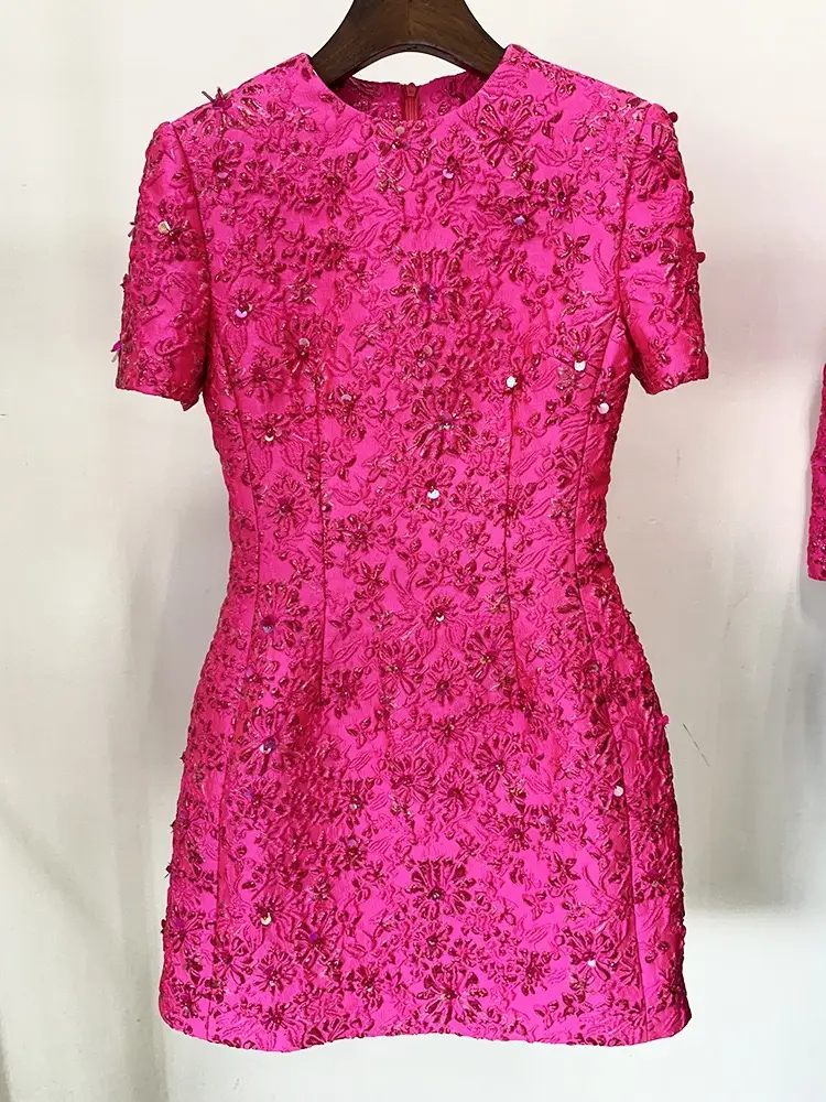 Radiant Jacquard Beaded Dress | Fuchsia