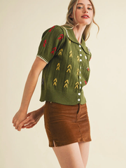 Hand Embroidered Short Sleeve Button Down Sweater Top in Olive Green