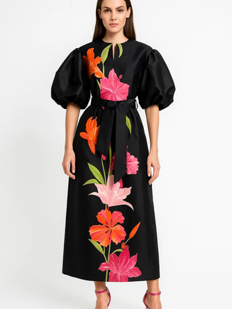 Botanical Noir Puff Sleeve Dress – Vivid Hue Style Edit