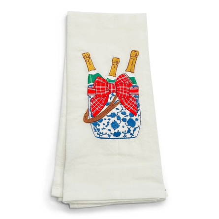 Chinoiserie Champagne Bucket Tea Towel with Holiday Bow