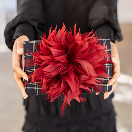 Red Ruby Plaid with Red Feather Clutch