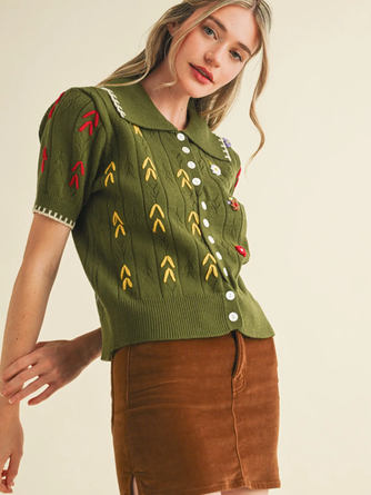 Hand Embroidered Short Sleeve Button Down Sweater Top in Olive Green