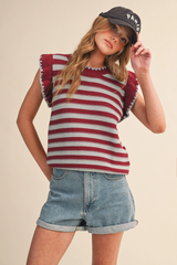 Striped Flutter Sleeve Sweater Top – Maroon/Slate