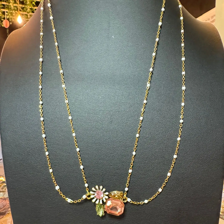 Flowered Gem Layer Necklace Handmade in USA