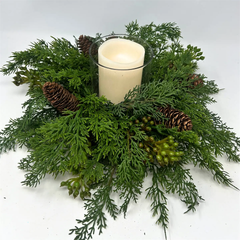 Real Touch Mixed Cedar, Pine Cone & Seed Candle Centerpiece | 4" x 4" Candleholder