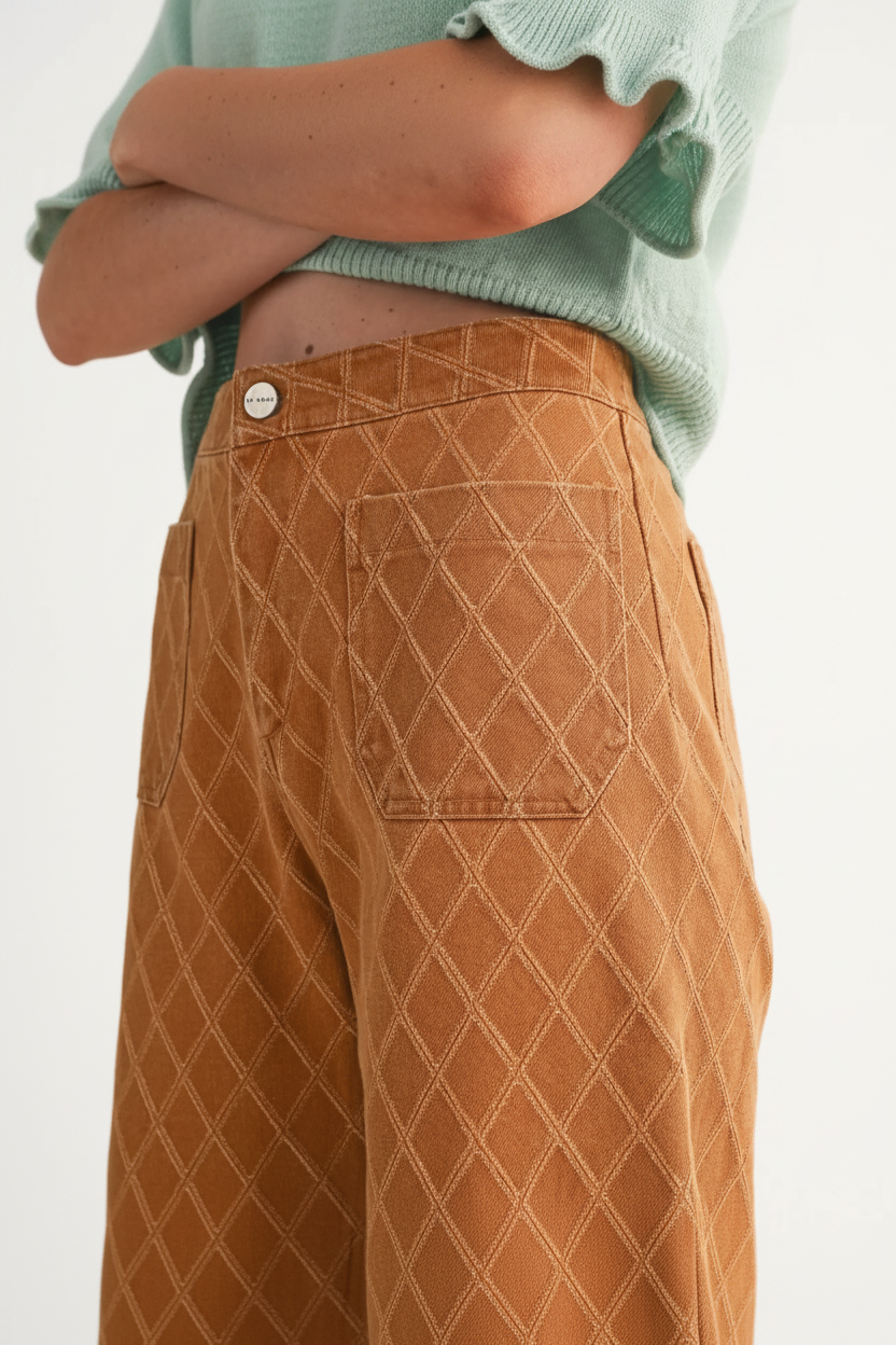 Sand Beige Diamond Quilted Wide Leg Pants