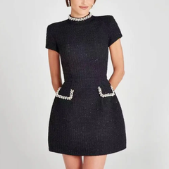 Black Tweed Beaded Mock-Neck Dress