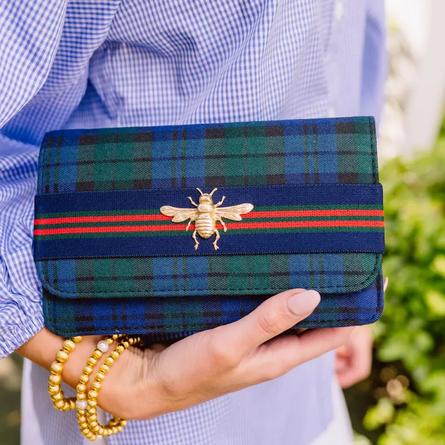 Blue Plaid Ruby Clutch - Newport Band with Gold Bee Charm