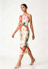 Floral Embroidered Strapless Midi Dress