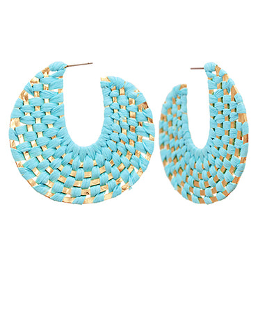 Turquoise Woven Raffia Open Hoop Earrings