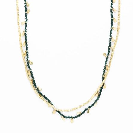 Milly Double Strand Crystal Necklace Brass + Green
