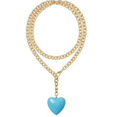 Amour Heart Pendant Necklace – Blue Enamel on Antique Gold Chain