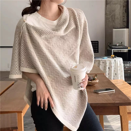 Riverside Luxe Convertible Cardigan Wrap – Chevron Knit with Gold Button Detail