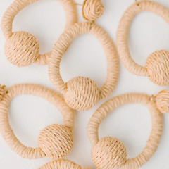 Brown Raffia Pom Pom Statement Hoop Earrings
