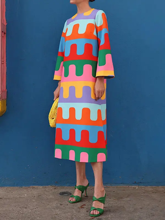Colorful Puzzle Loose Round-Neck Midi Dress