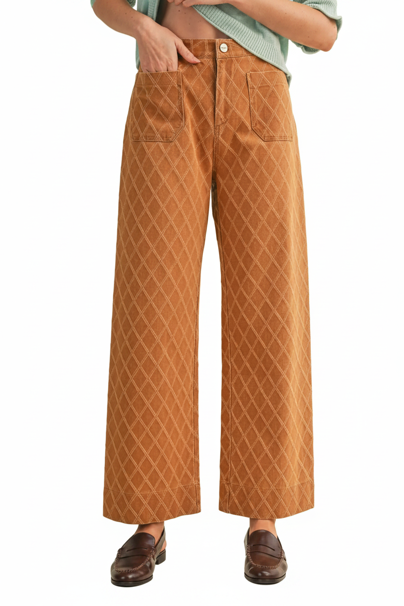 Sand Beige Diamond Quilted Wide Leg Pants