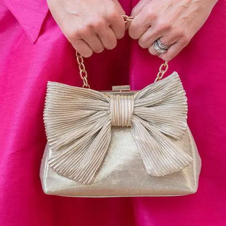 Samantha Bag | Metallic Bow Clutch with Convertible Chain Strap