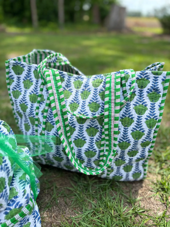 Green Blooms Quilted Tote Bag 16" X 15"