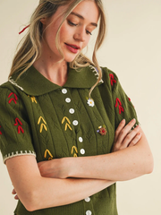 Hand Embroidered Short Sleeve Button Down Sweater Top in Olive Green