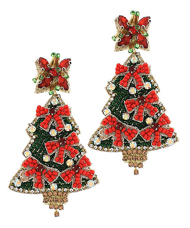Jeweled Christmas Tree & Bow Earrings