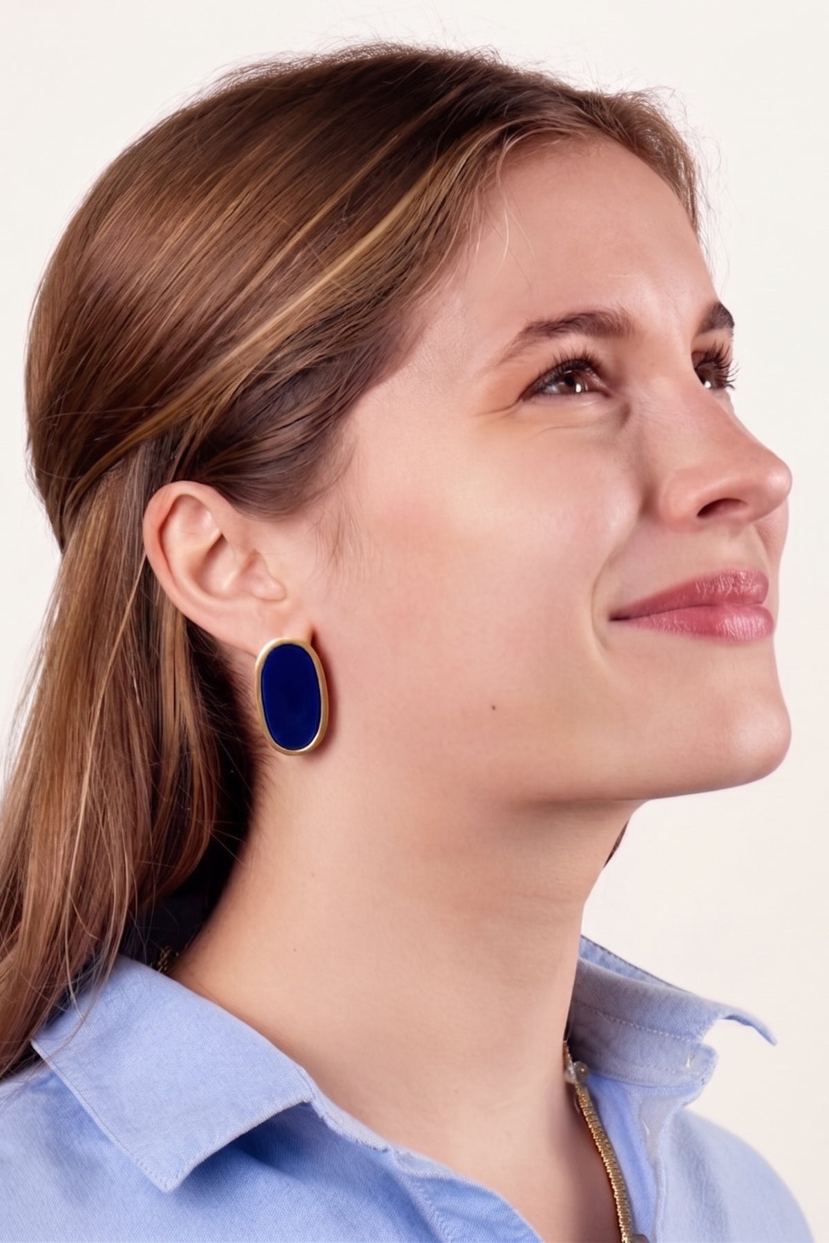 Navy Alexis Oval Enamel Post Earrings worn