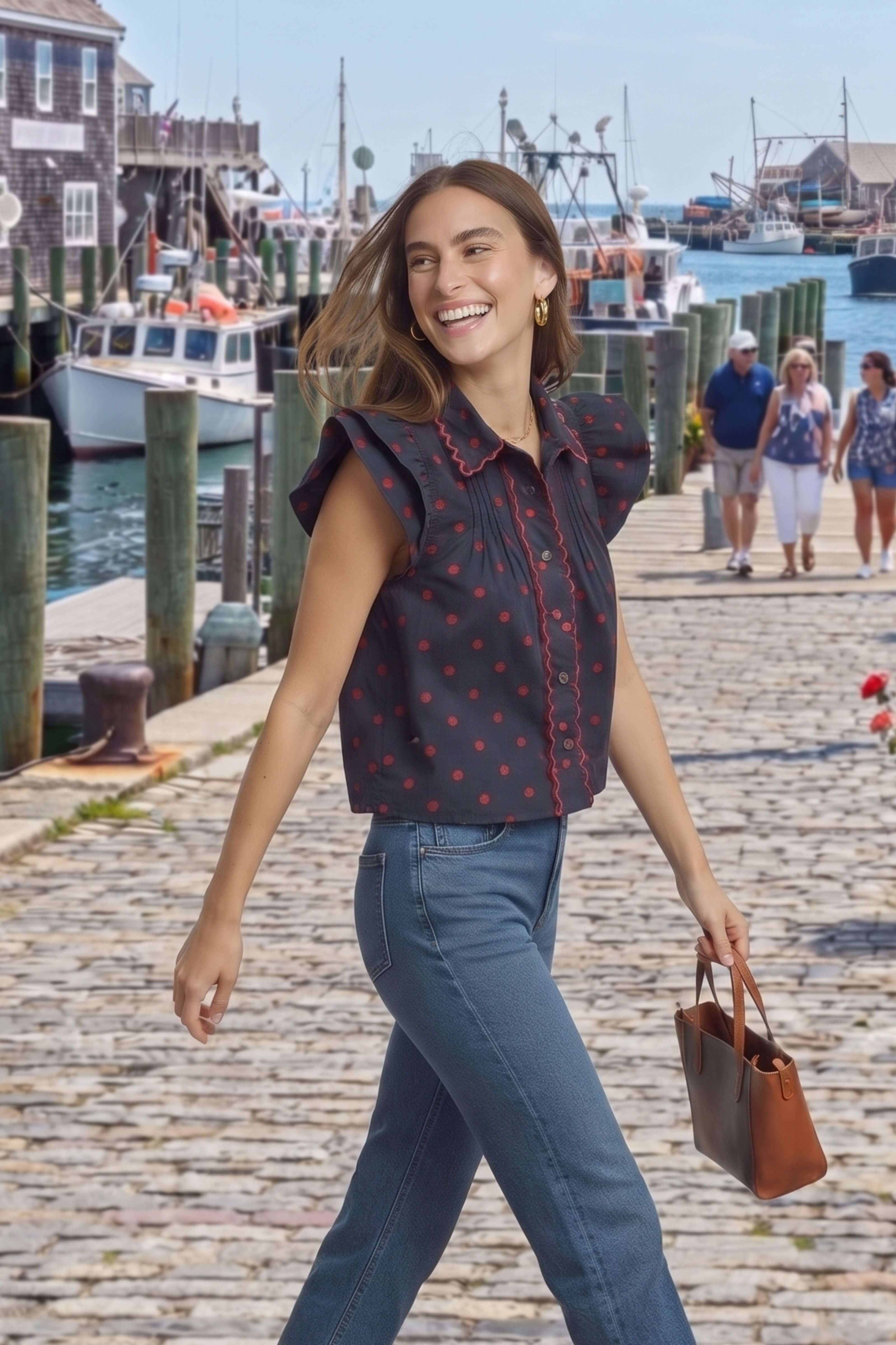 A woman walking on a cobblestone harbor boardwalk wearing a dark navy sleeveless blouse with red polka dots and blue jeans, holding a brown leather handbag.