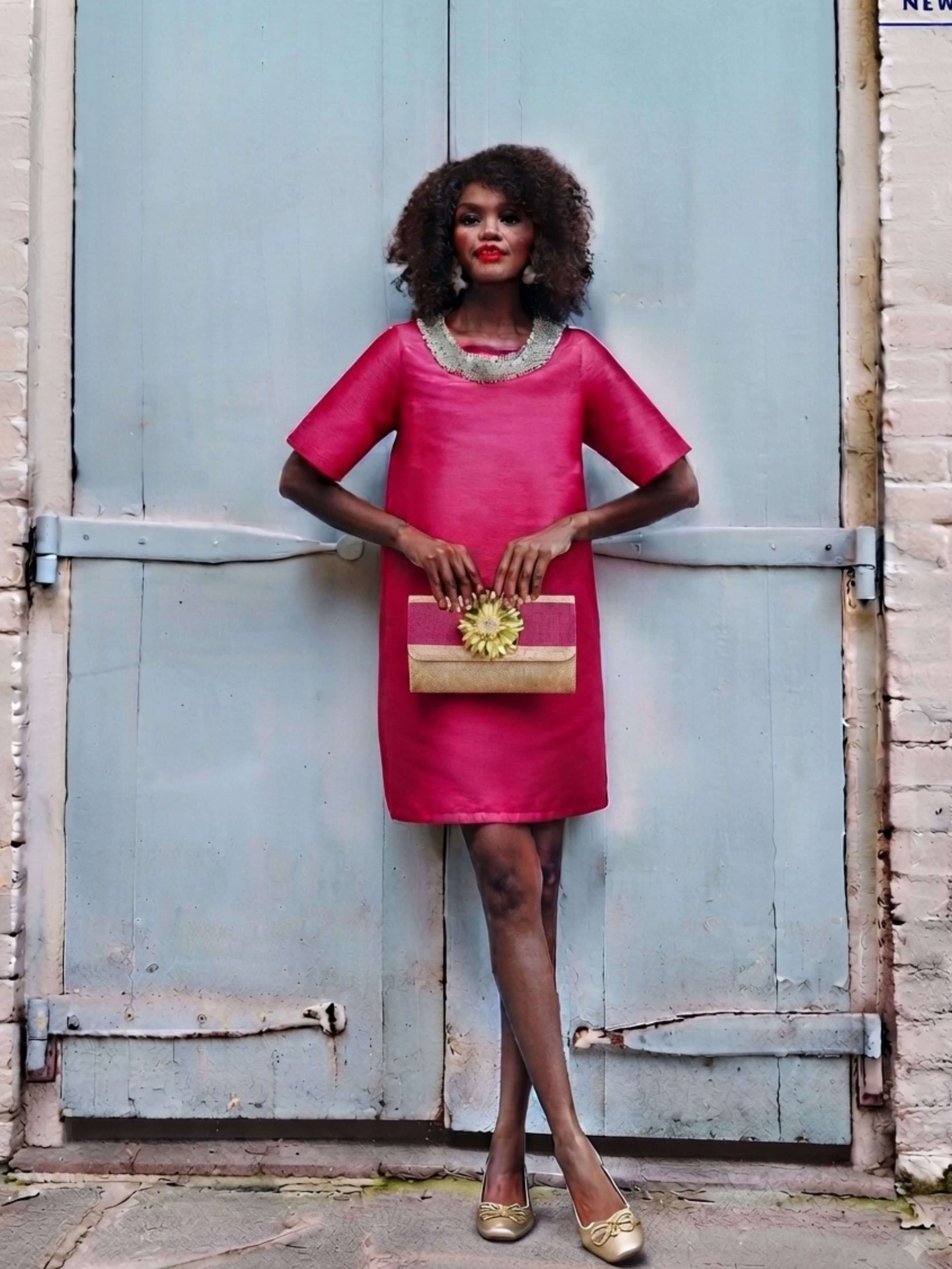 A woman stands in front of a weathered blue door wearing a bright pink short-sleeve dress with a silver collar, holding a pink and gold handbag, and wearing gold shoes.