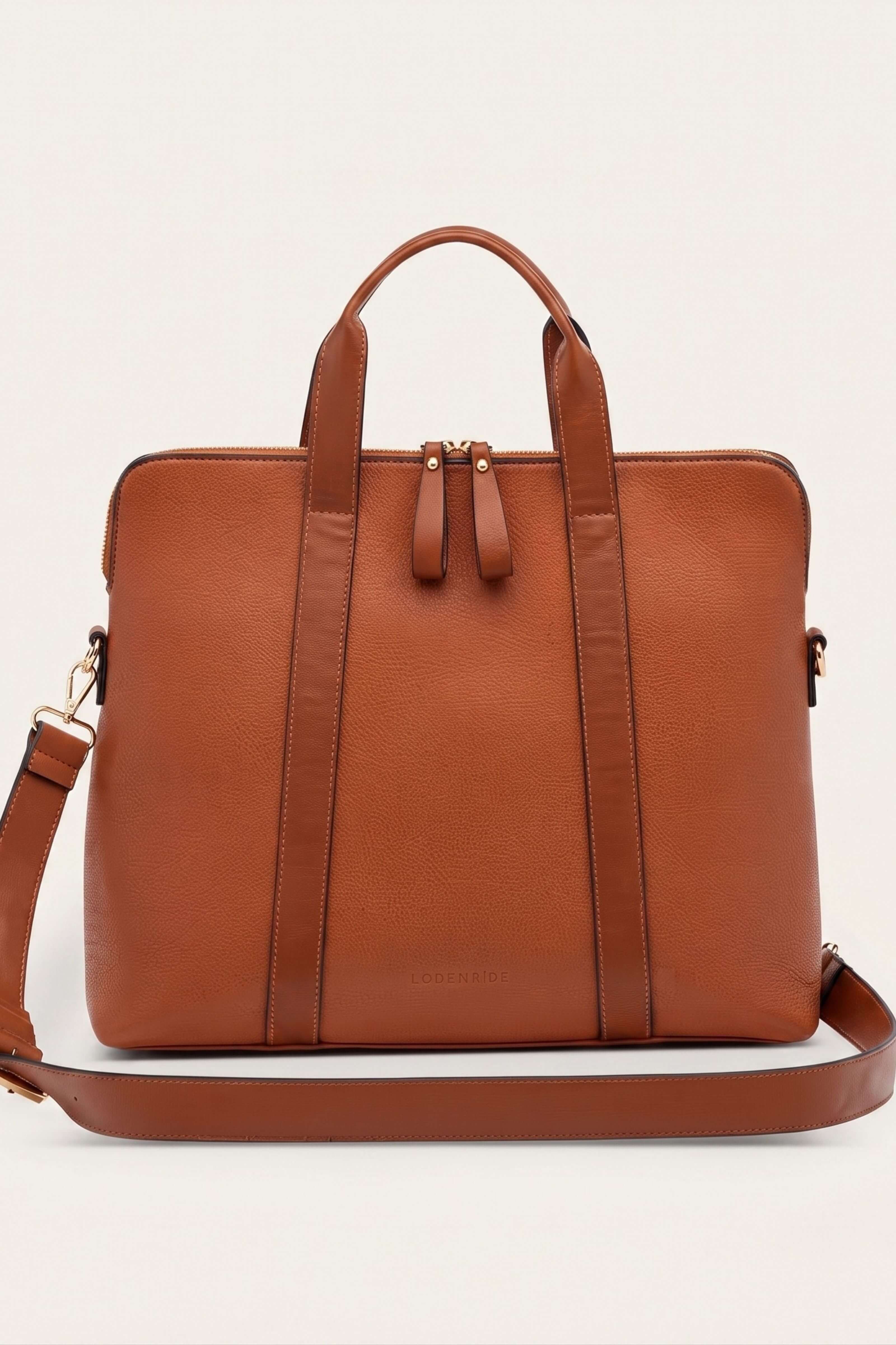 A brown leather briefcase with top handles and a detachable shoulder strap, displayed against a clean white background.