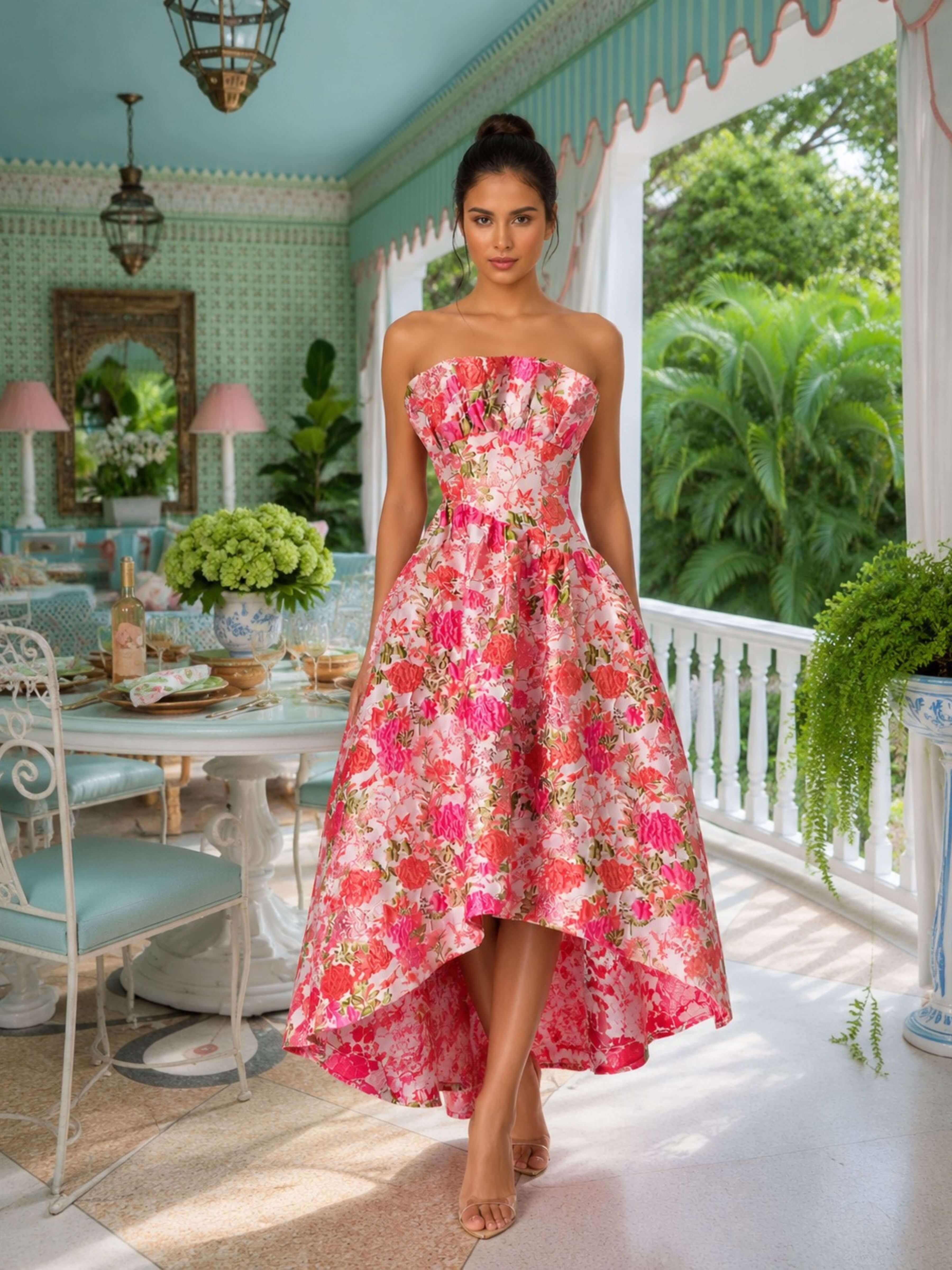 A woman models a strapless high-low dress with a vibrant pink, red, and green floral print, set against a beautifully decorated outdoor patio background.
