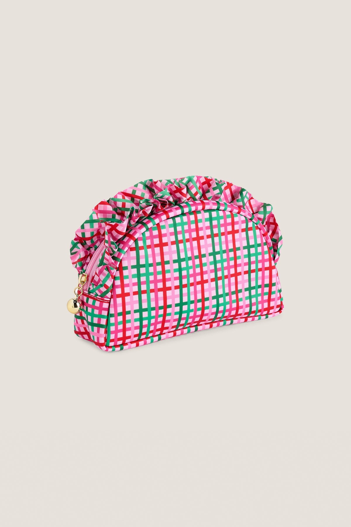 Small Plaid Ruffle Zip Pouch in pink, red and green plaid with a ruffled top and a gold zip pull