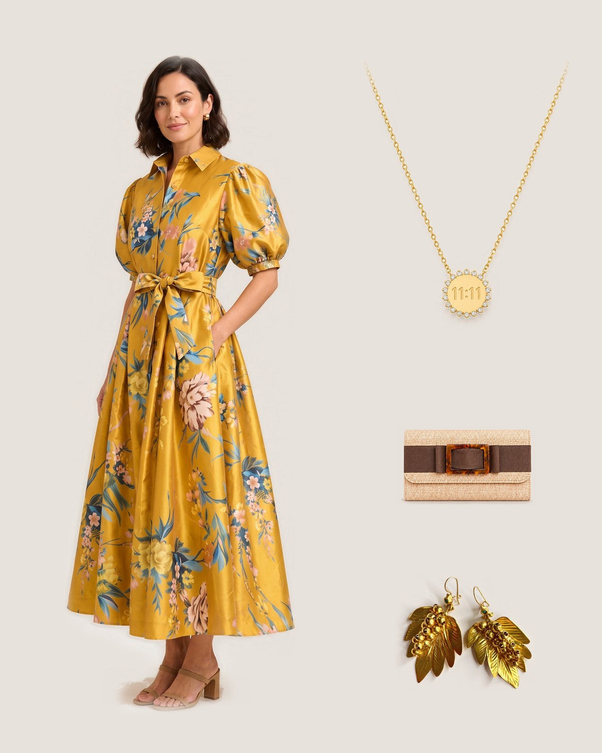 How to style the 11:11 Sun Pendant Necklace – 14K Gold Plated: with the Golden Garden Puff Sleeve Dress, Avery Brown Bow Clutch with Tortoise Buckle and Gabriella Leaf Earrings