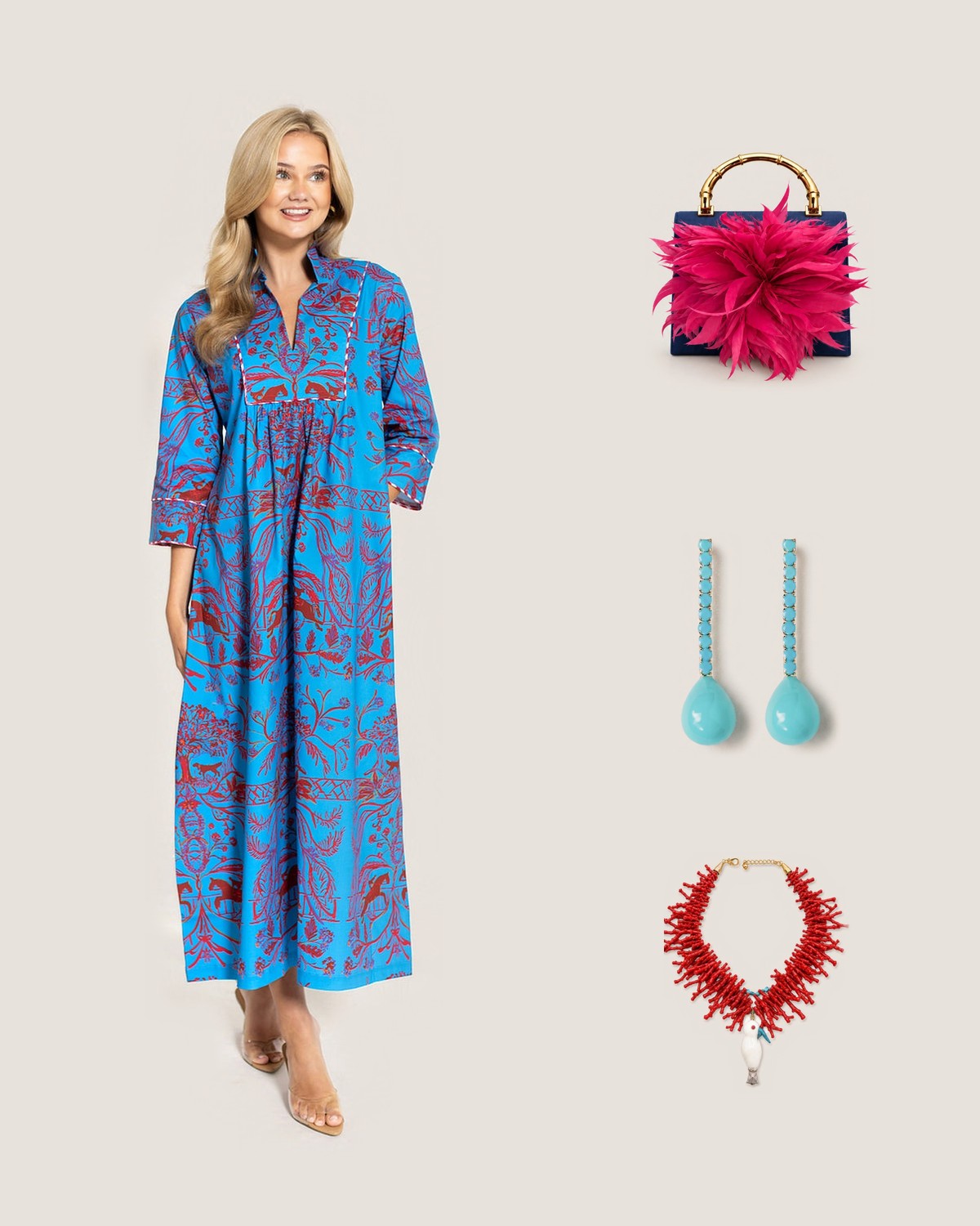 How to style Bit & Boll© Deb Dress Long with Tie: with the Navy Blue Lulu Clutch with Fuschia Feather Plume, Turquoise Swingy Statement Earrings and Polly Bird & Sea Statement Necklace