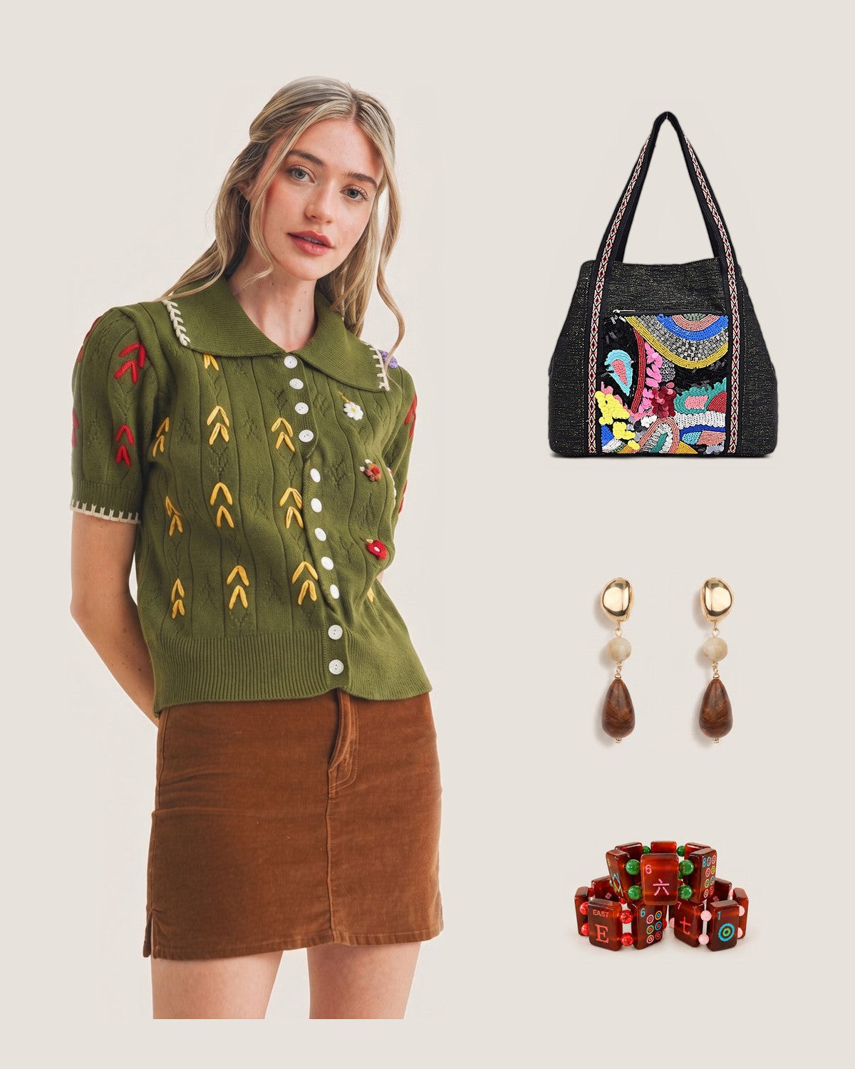 How to style the Black Triple Entry Embellished Shoulder Bag: with the Olive Embroidered Sweater Cardigan, Dark Tortoise Color Marble Stone Teardrop Earrings and Faux Tortoise Shell Mahjong Tile Bracelet