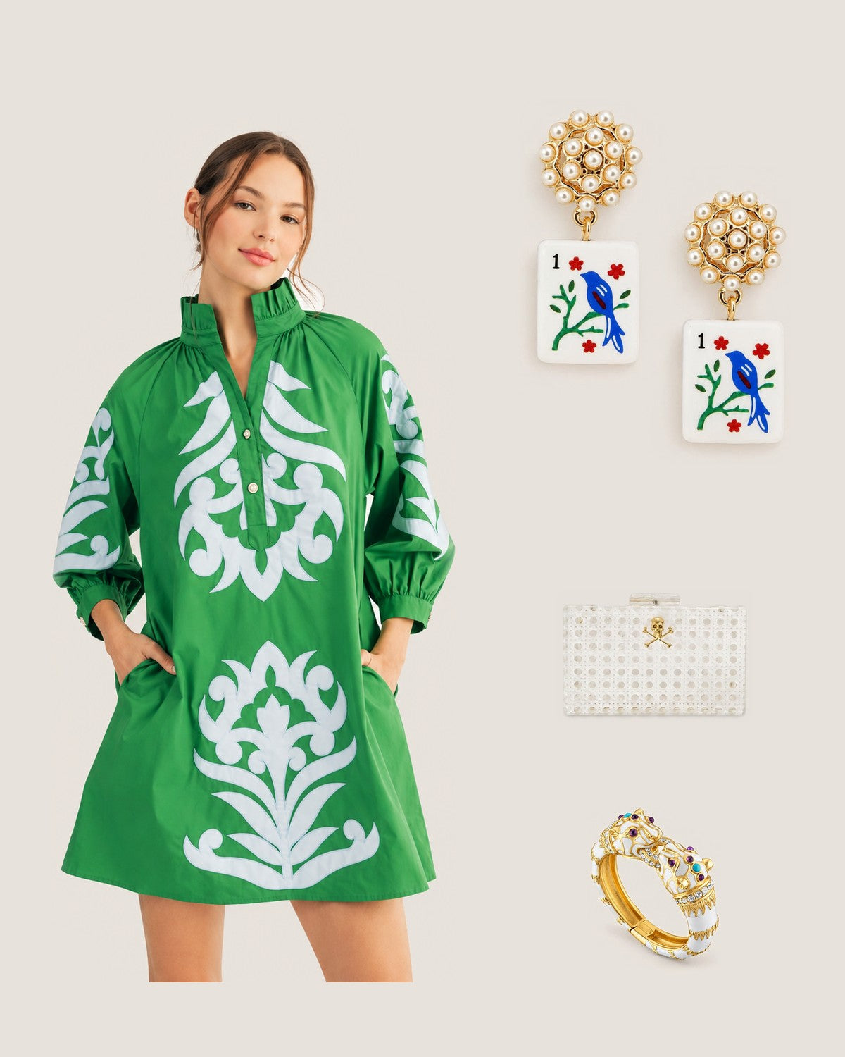 How to style the Blue Bird Mahjong Drop Earrings: with the Worth Avenue Appliqué Shift Dress, White Breakers Clutch – Customizable Minaudière and White Enamel Double Panther Bracelet