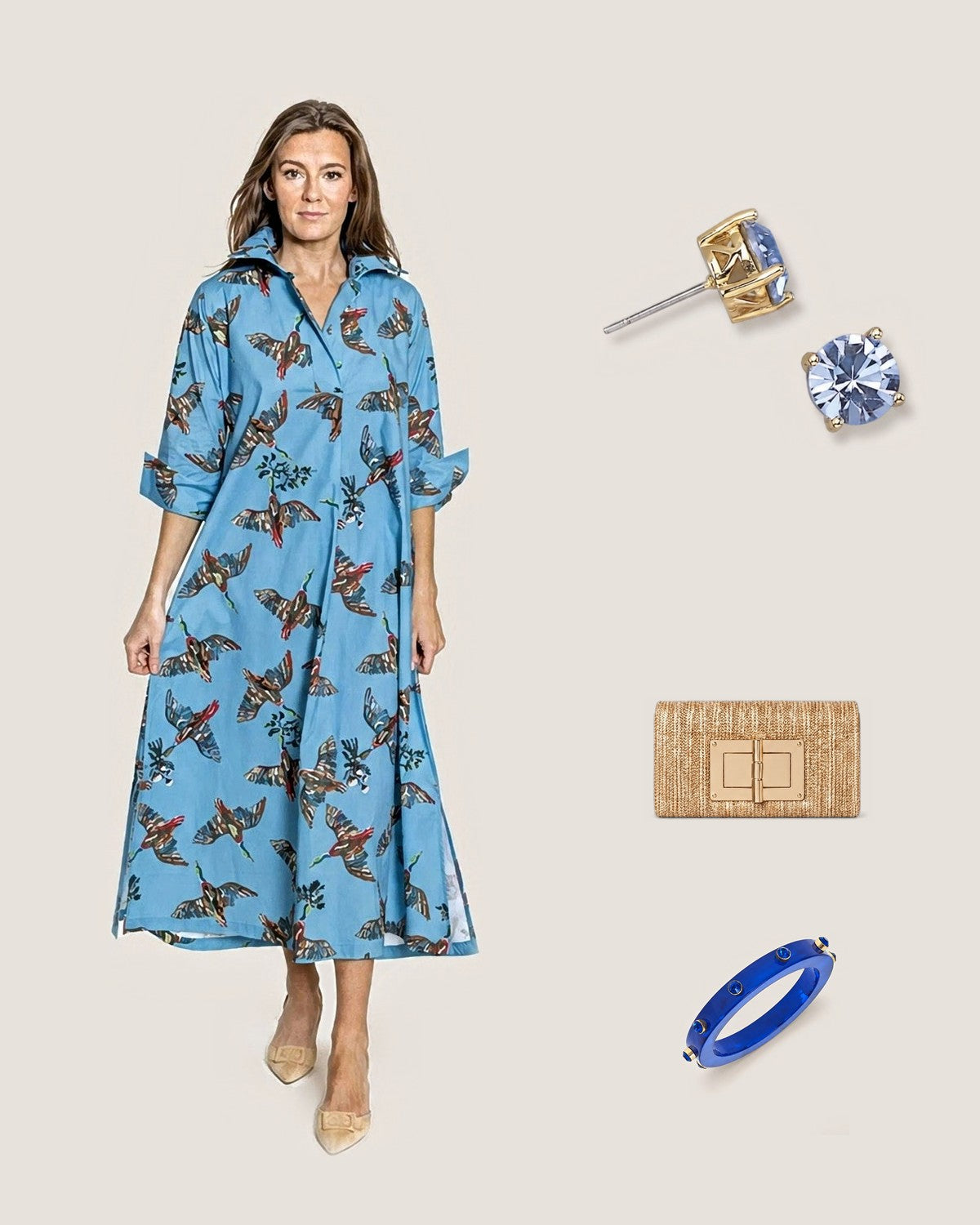 How to style the Blue Sparkle Statement Stud Earrings: with the Berry Grove© Ruthie Shirt Dress Long with Tie, Gold Lillian Straw Clutch and Renee Blue Resin and Rhinestone Bangle