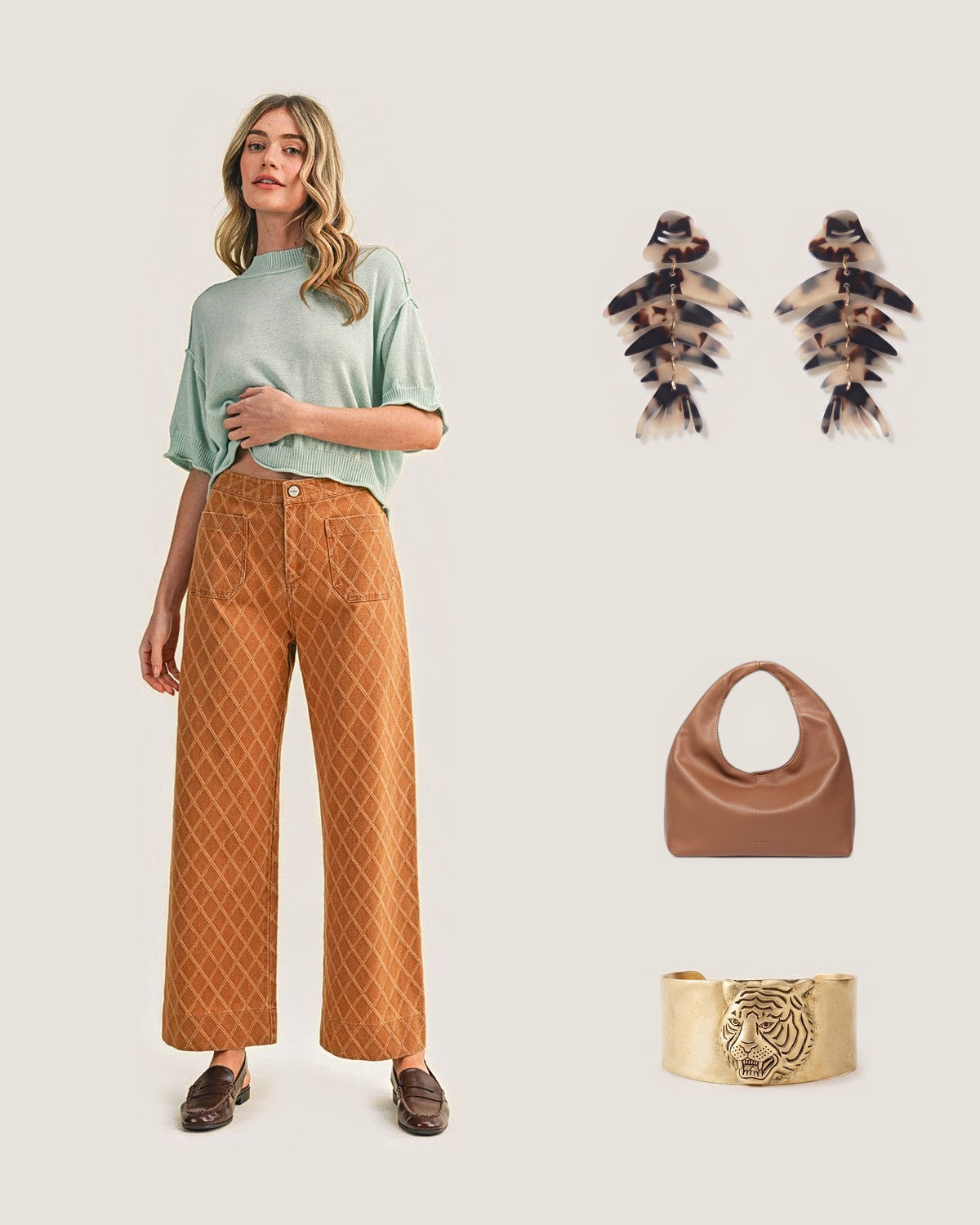 How to style the Blonde Tortoise Bonefish Acrylic Drop Earrings: with the Sand Beige Diamond Quilted Wide Leg Pants, Monaco Toffee Shoulder Bag and Tarina Tiger Head Cuff