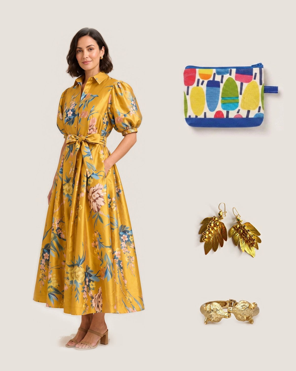 How to style the Buoys Cosmetic Bag: with the Golden Garden Puff Sleeve Dress, Gabriella Leaf Earrings and Golden Fox Hinged Bracelet