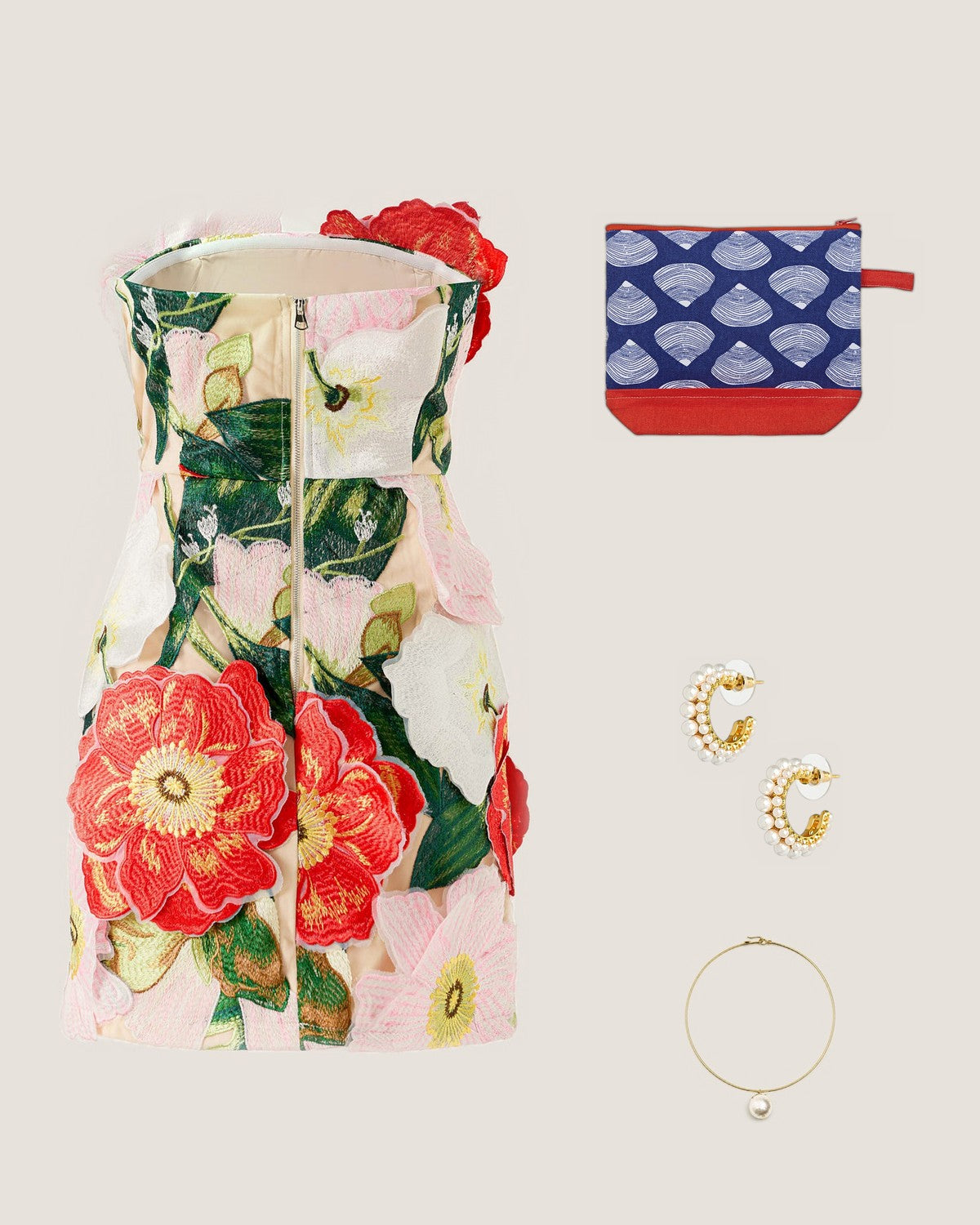 How to style the Clamshell Cosmetic Bag: with the Camellia Garden Short Embroidered Strapless Mini Dress, Toby Double Pearl Hoop Earrings and Birdie Cotton Pearl Collar Necklace
